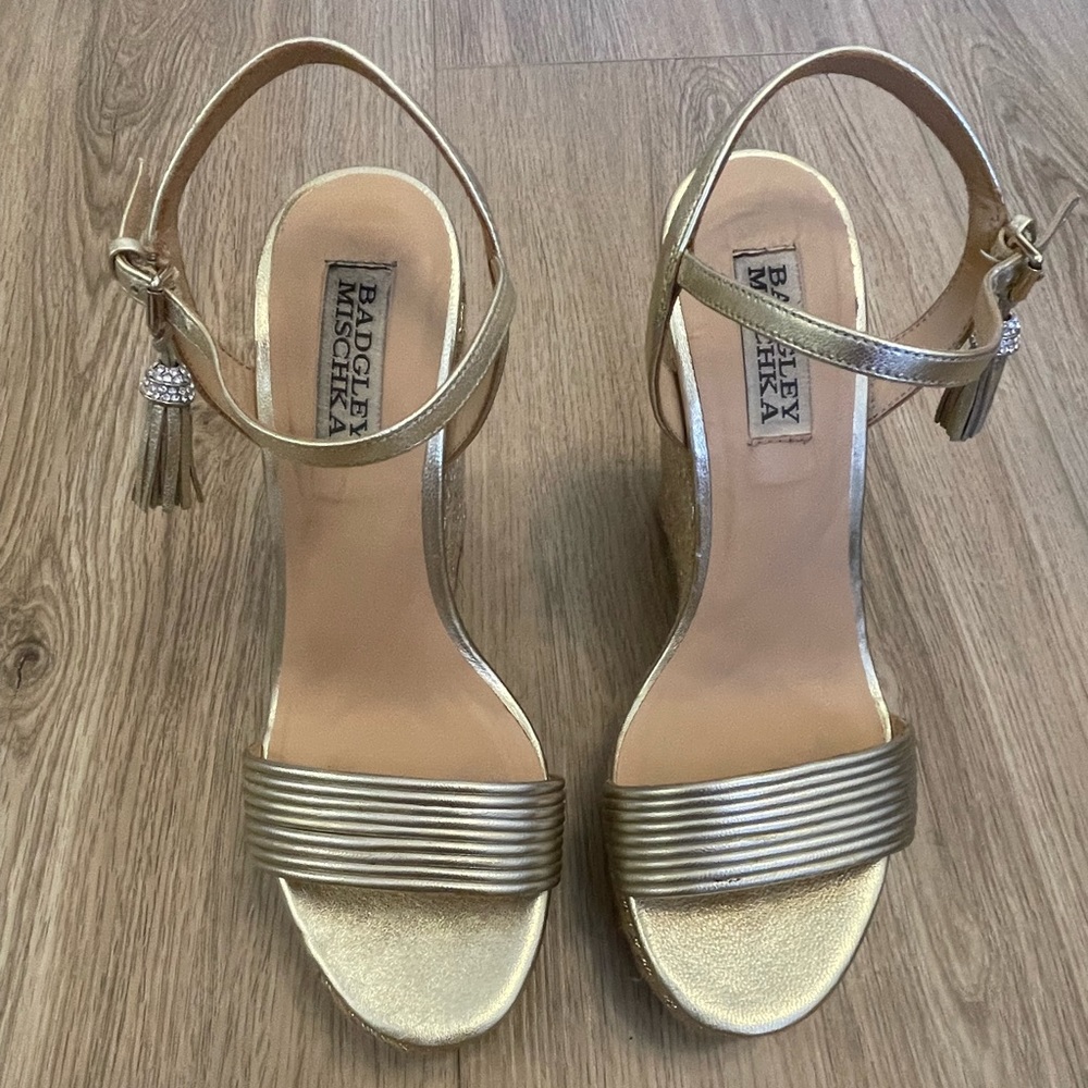 Badgley Mishcka Gold braided wedges. Worn 2x to outdoor event.